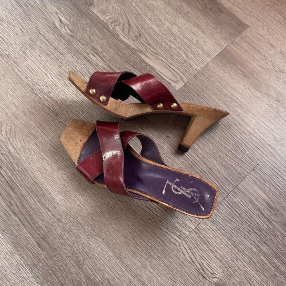 Vintage YSL Burgundy Leather and Wood Clogs